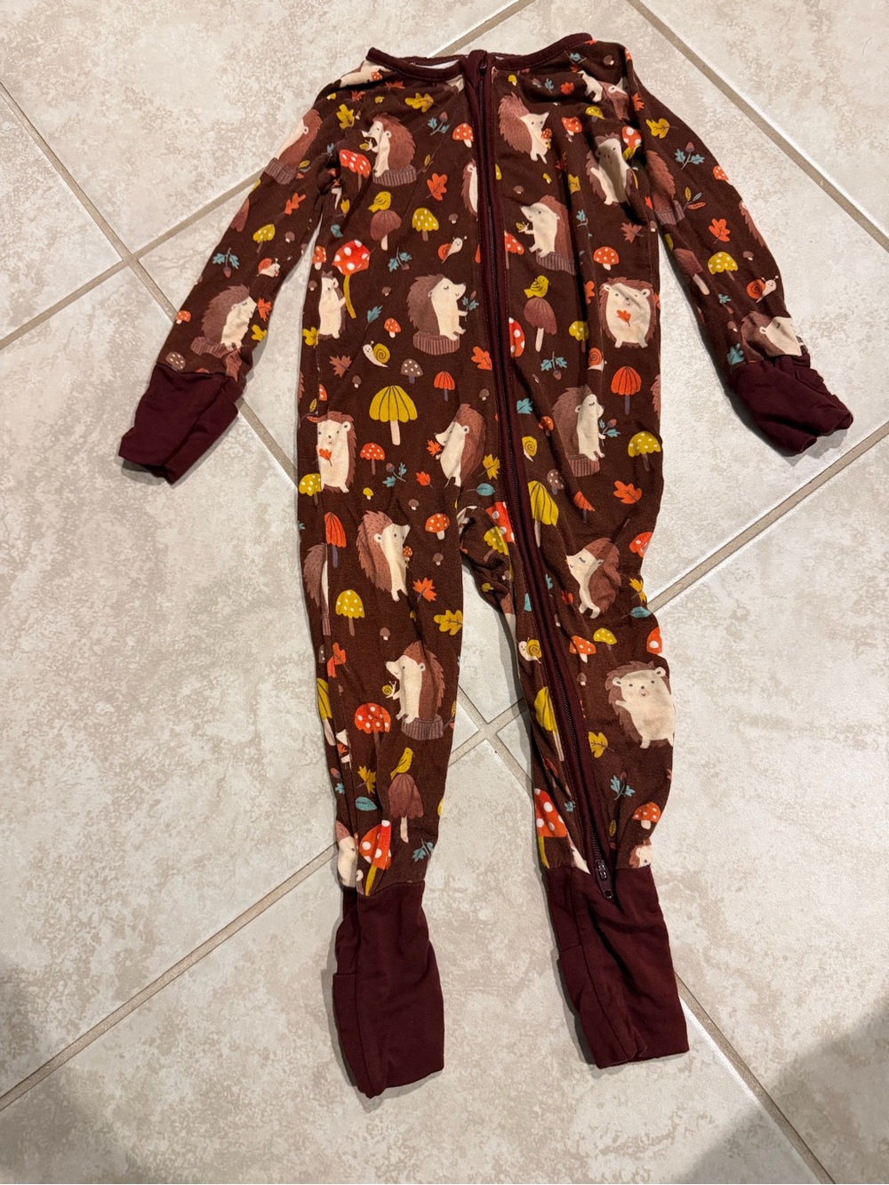 Little Sleepies Brown Hedgehog & Mushroom Footed One-Piece Pajamas
